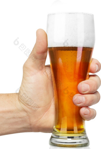 手持有玻璃杯子啤酒孤立的白色背景手持有玻璃杯子啤酒