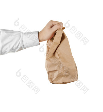 男人。持有棕色（的）纸袋他的手孤立的白色背景男人。持有棕色（的）纸袋他的手