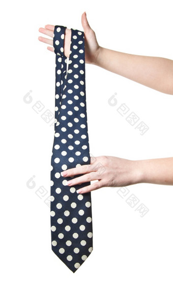 女人持有波尔卡点领带孤立的白色背景女人持有波尔卡点领带