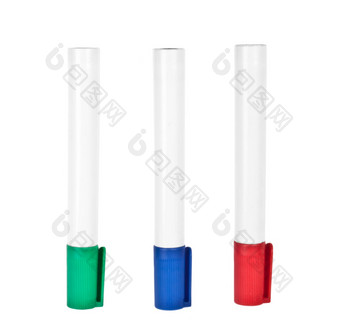三个萤光笔标记笔孤立的白色背景三个萤光笔标记笔孤立的白色