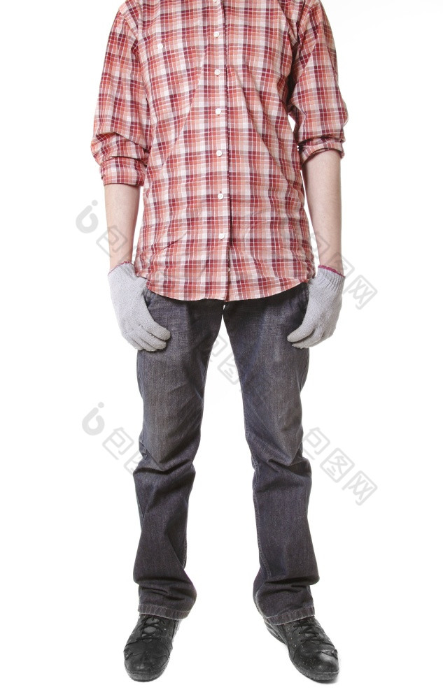 男人。工作形式和工作手套孤立的白色背景男人。工作形式和工作手套