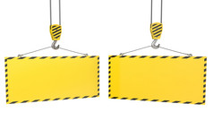两个起重机钩子与空白黄色的盘子孤立的白色背景