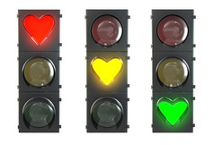 集交通光与心形状的红色的黄色的而且绿色灯孤立的白色背景