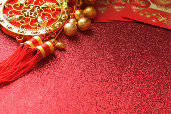 中国人新一年装饰和吉祥饰品红色的散景背景中国人新一年装饰和吉祥饰品红色的散景背景