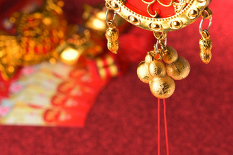 中国人新一年装饰和吉祥饰品红色的散景背景中国人新一年装饰和吉祥饰品红色的散景背景