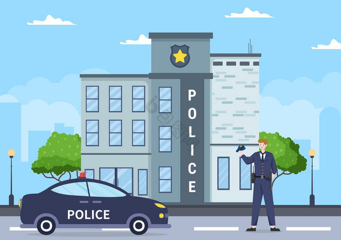警察站部门建筑与警察和警察车平插图