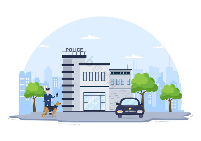 警察站部门建筑与警察和警察车平插图