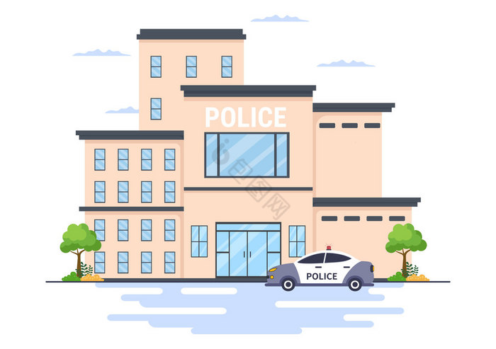 警察站部门建筑与警察和警察车平插图