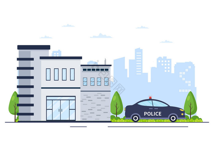 警察站部门建筑与警察和警察车平插图