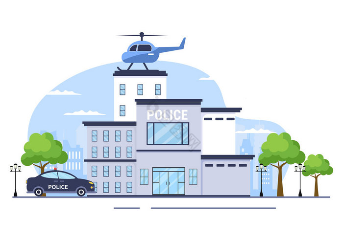 警察站部门建筑与警察和警察车平插图