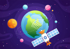 人工卫星轨道的地球地球与无线技术全球互联网网络卫星沟通平背景插图