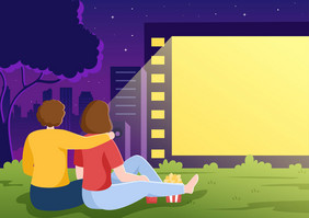 电影电影晚上与声音系统看电影户外大屏幕平插图为横幅