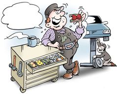 卡通插图机械师有午餐三明治的工具内阁