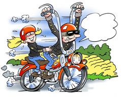卡通插图快乐骑摩托车的人运行快摩托车与他的的女朋友坐着后面他