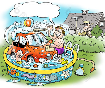 卡通插图家庭男人。谁洗他的小车的家庭洗澡池
