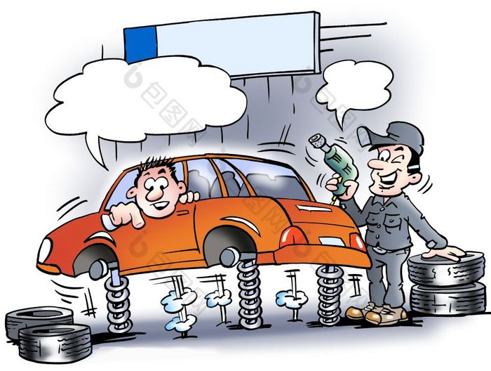 卡通插图机械师谁只是测试的冲击吸收器的车之前的新轮胎安装