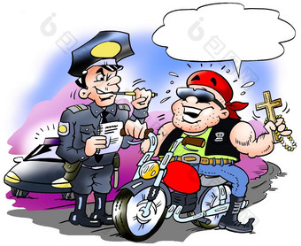 卡通插图快乐骑摩托车的人在那里<strong>必须</strong>有超速行驶票