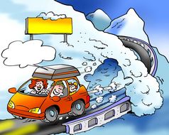 卡通插图家庭路滑雪旅行与品牌新冬天轮胎安装