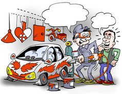 卡通插图有创意的汽车画家谁爱的颜色红色的