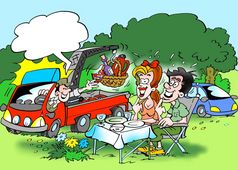 卡通插图家庭森林旅行在哪里的午餐交付服务车
