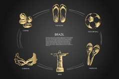 巴西咖啡人字拖狂欢节耶稣马拉卡斯足球球向量概念集手画草图孤立的插图巴西咖啡人字拖狂欢节耶稣马拉卡斯足球球向量概念集