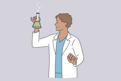 科学研究和化学概念年轻的积极的科学家化学家工作统一的卡通字符站进行科学实验实验室向量插图科学研究和化学概念