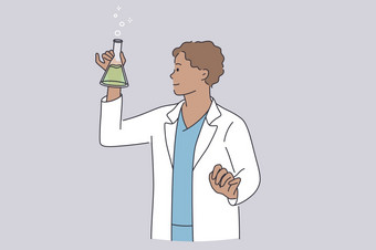 科学研究和化学概念年轻的积极的科学家化学家工作统一的卡通字符站进行科学实验实验室向量插图科学研究和化学概念