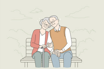 快乐高级人生活方式概念微笑岁的成熟的夫妇放松公园坐着板凳上持有手享受休闲时间在户外向量插图快乐高级人生活方式概念