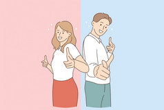 积极的情绪和好共鸣概念年轻的微笑快乐的夫妇女人和男人。卡通字符站指出相机显示拇指标志向量插图积极的情绪和好共鸣概念