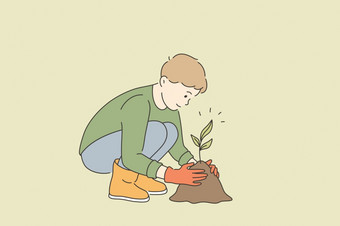 生态哪和日益增长的植物概念小<strong>男孩</strong>卡通字符手套坐着日益增长的采取哪绿色植物种子工作与地面向量插图生态哪和日益增长的植物概念