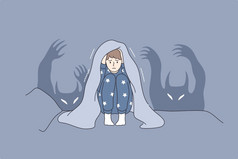 孩子们噩梦和恐惧概念害怕孩子卡通字符坐着床上覆盖头与毯子害怕鬼魂和隐藏床上向量插图孩子们噩梦和恐惧概念