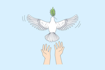 自由和释放好新闻概念人类手让白色鸽子与绿色叶嘴在蓝色的天空背景向量插图自由和释放好新闻概念图片