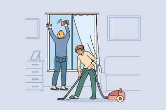 做家务和清洁公寓概念年轻的夫妇首页衣服清洁窗口和吸尘地毯在一起首页周末向量插图做家务和清洁公寓概念