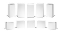 现实的白色盒子集集合现实主义风格画空白化妆品包原型插图大高立方纸板容器为医疗美产品模板现实的白色盒子集集合