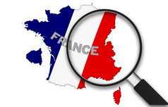 放大玻璃与的法国国家地图白色背景
