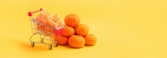 橘子购物车在黄色的背景购买健康的食物概念