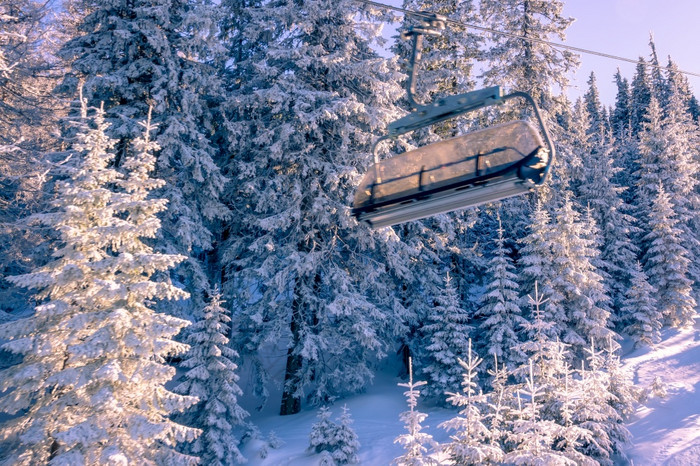 粉红色的阳光明媚的早....的冬天森林很多雪的树分支机构空小屋滑雪椅子电梯空小屋滑雪电梯对的背景早....雪森林