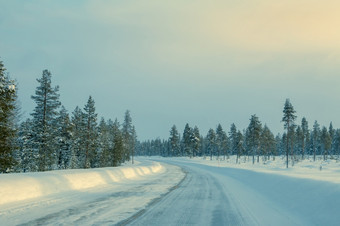 冬天芬兰罕见的<strong>北部森林</strong>和很多雪空高速公路与飘的一边弱阳光空冬天路通过罕见的<strong>北部森林</strong>