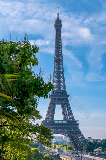 法国夏天阳光明媚的早....巴黎埃菲尔铁塔塔和绿色树埃菲尔铁塔塔和绿色树