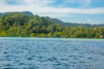 印尼丘陵热带岛杂草丛生的与丛林几个房子的海滩几个小屋热带海岸与丛林