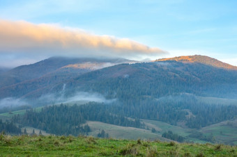 阳光明媚的早....夏天乌克兰喀尔巴阡山光雾之间的树木繁茂的山的第一个射线的太阳照亮的山山峰黎明雾在的树木繁茂的乌克兰喀尔巴阡山