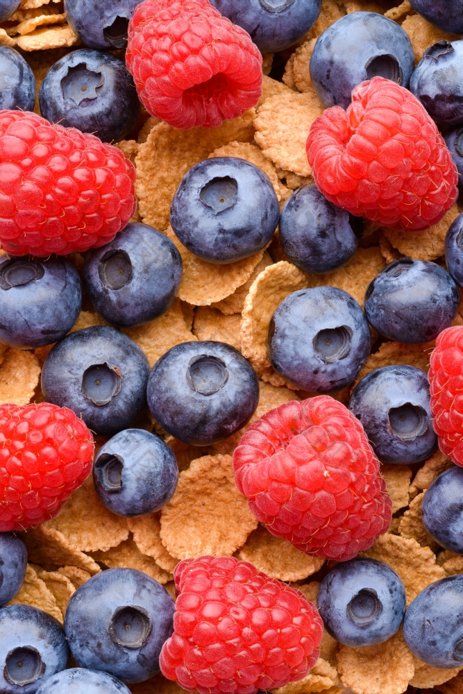 食物杂粮牛奶什锦早餐与蓝莓而且树莓特写镜头拍摄健康的食物背景
