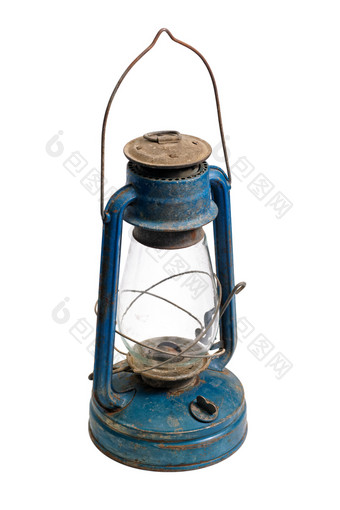 非常老煤油灯孤立的对象非常老破旧的和生锈的蓝色的煤油灯白色背景
