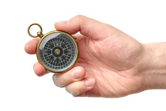 手持有传统的磁指南针古董复古的风格孤立的白色背景手持有传统的磁指南针