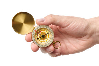 手持有传统的磁指南针古董复古的风格孤立的白色背景手持有传统的磁指南针