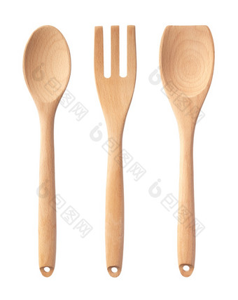 集木厨房餐具勺子叉和抹刀孤立的白色背景