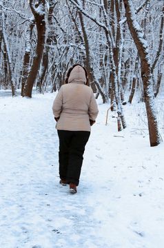 女人走走了独自一人的冬天公园户外