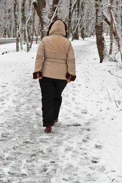 女人走走了独自一人的冬天公园户外