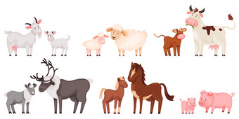 卡通农场动物家庭可爱的婴儿动物和他们的母亲妈妈。猪与小小猪羊和羊肉牛和小腿向量集可爱的野生和国内孩子们和父母图片