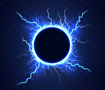 现实的魔法圆雷声风暴蓝色的闪电魔法和明亮的照明影响电圆轮框架与电和闪电现实的圆雷声风暴闪电